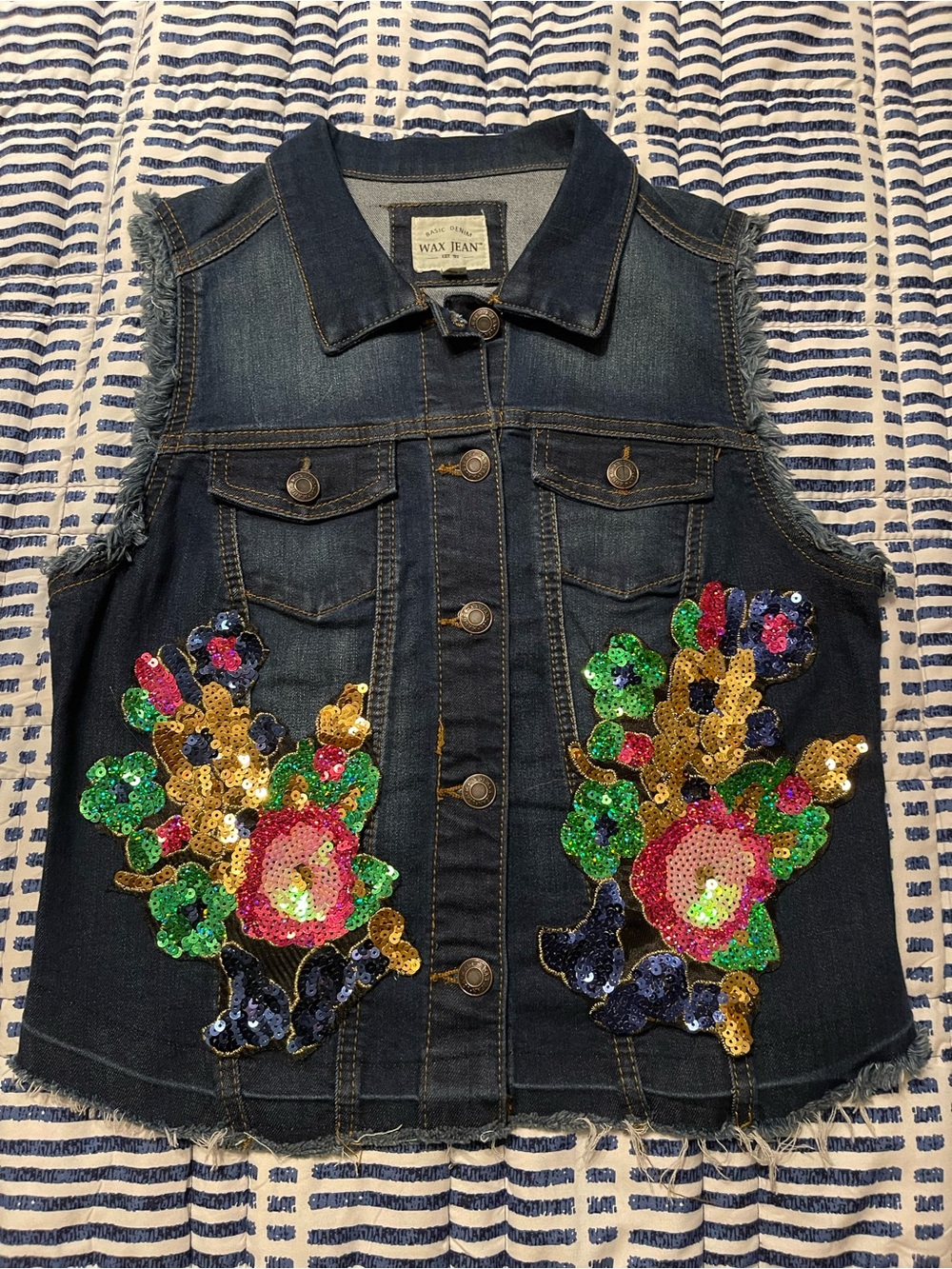 Wax Jean Ladies Dark Blue Sequin Floral Denim Vest